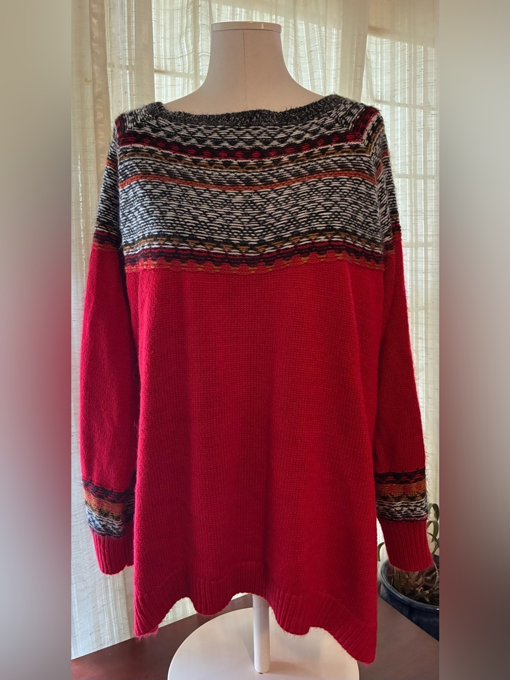 Maurices Red Crewneck Sweater with Fair Isle Yoke
